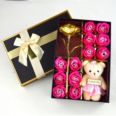 China Cardboard Mothers Day Gift 6pcs Soap Rose Flower 24K Gold Plated Rose Foil Bear Gift Box For Valentines Day Gift for sale