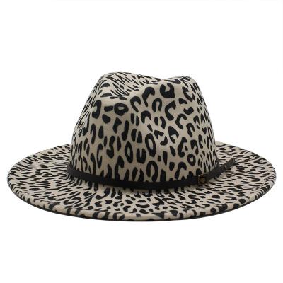 China New Polyester/Cotton Winter Leopard Print Inner Red Wool Felt Fedora Hat For Women Vintage Wide Brim Jazz Panama Fedora Caps for sale