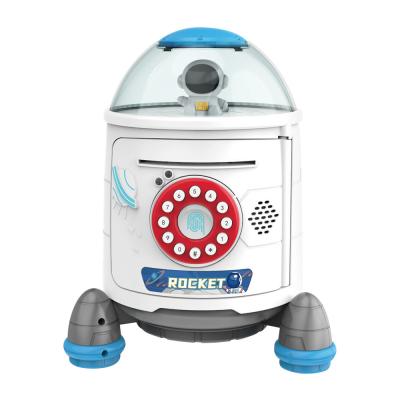 China Money Saving Box Kids Electric Fingerprint Password Money Saving Phone Booth Plastic Toy Rocket Piggy Bank for sale