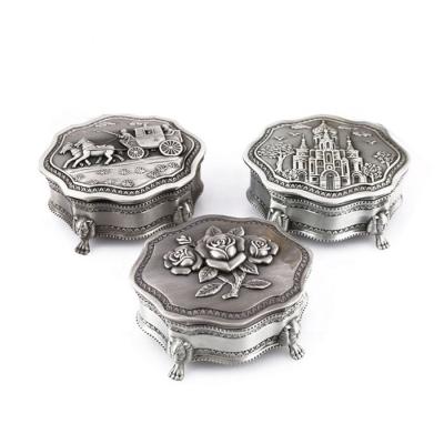 China High quantity simple free shipping custom embossed luxury vintage Europe metal embossed pewter keepsake jewelry box for sale