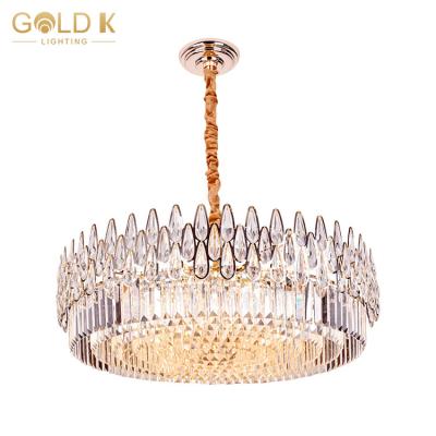 China Luxurious Modern Style Hotel Luxury Round Crystal Gold LED Chandeliers Commercial Led Pendant Lighting for sale