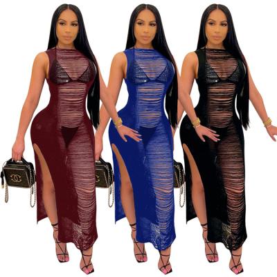 China MILIANG Summer Solid Color Anti-Static Casual Sleeveless Hollow See Through Split Skirt Plus Size Sexy Ladies Long Dress D10310 for sale