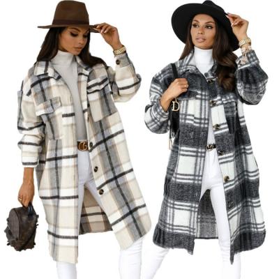 China D96186 Breathable woman clothes turn-down 2021 collar plaid long sleeve casual warm long coat with button for sale