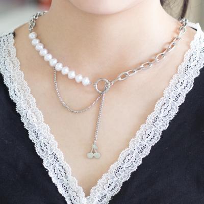 China FASHIONABLE 18K Cherry Pendant Stainless Steel Jewelry Gold Plated Chains Women's Long Y Pearl Necklace for sale