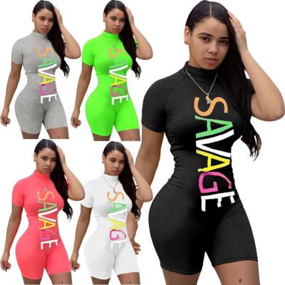 China New 2021 Hot Selling Ladies Summer Viable Casual Hot Letters Printed Solid Bodycon Jumpsuit One Piece Short Overalls And Overalls For Woman for sale