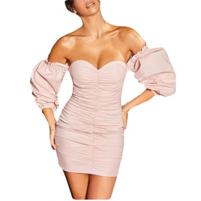 China 2021 New Spring Viable Strapless A-line Collar Ruffled Lantern Sleeve Sexy Women Dresses for sale