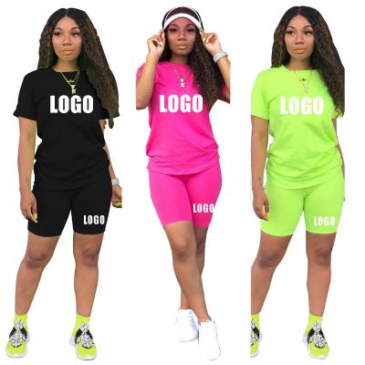 China 2021Custom Logo Wholesale Women Clothing Breathable Sleeve Short Plus Size T-Shirts And Pants Casual 2 Piece Women Outfits Neon Two Piece Sets for sale