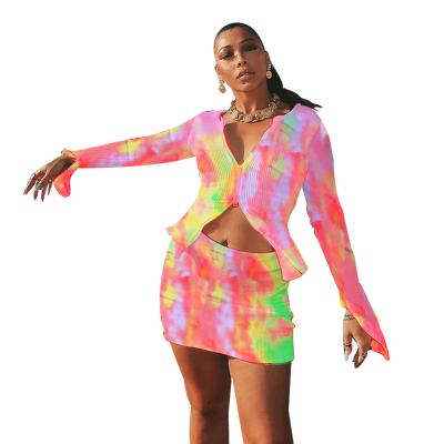 China LLDRESS hot sale waterproof tie dyed printed long sleeve crop top and short skirt plus size women two piece set clothing for sale