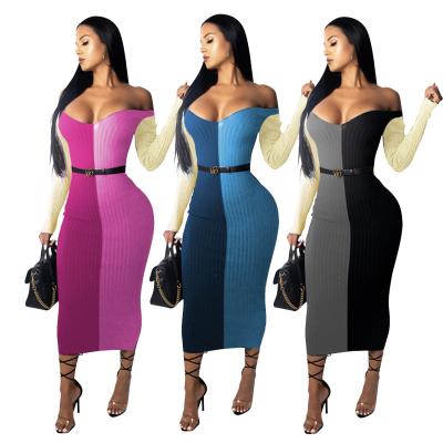 China Wholesale New Arrival Anti-wrinkle LLDRESS Women Clothing Long Sleeves Off The Shoulder Patchwork Women Casual Dresses for sale