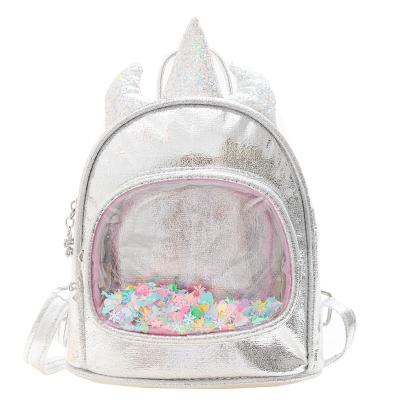 China Waterproof Transparent Sequin Kids Quicksand Unicorn PU Mini School Backpack for sale