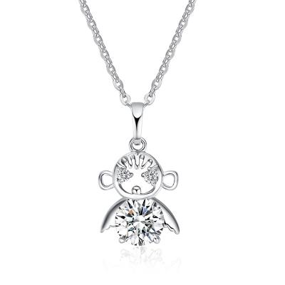 China Cute Monkey Necklace Junjiang ZN0007 Fashion Jewelry 14K White Gold Monkey Shaped Inlay Pendant Zircon Animal Necklace for sale