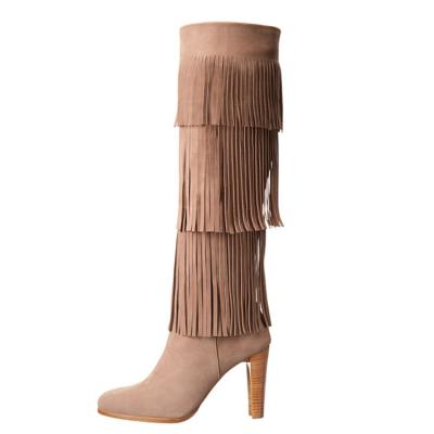 China New Latest Design Breathable Fashion Brown Leather With Tassel Knee High Heel Women Boots Thigh High Boots for sale