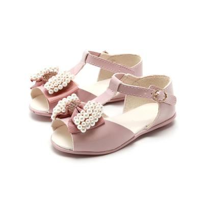 China Children's Flat Sandals Girls Shoes Children's Casual Shoes Leather Toe Bow Kids Party Summer Pearl Flat Peep for sale