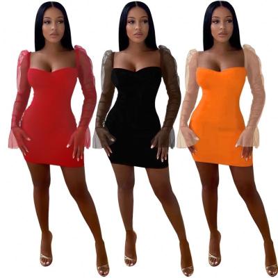 China 2022 New Fashion Breathable Temperament Solid Color Stitching Long Sleeve Bodycon Sexy Elegant Casual Mesh Short Dress Women Dress for sale