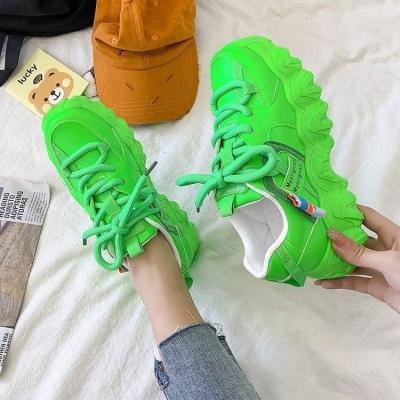 China Trend China fashion price cheap neon green lace up sneaker women pure color unique casual shoes thick wedges heels women fashion sneakers for sale