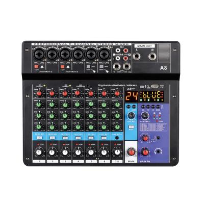 China Outside Performance 8 Channel Mixer Professional Audio Console Built-in Digital Sound Card For Computer Smartphone Singing Music Recording for sale