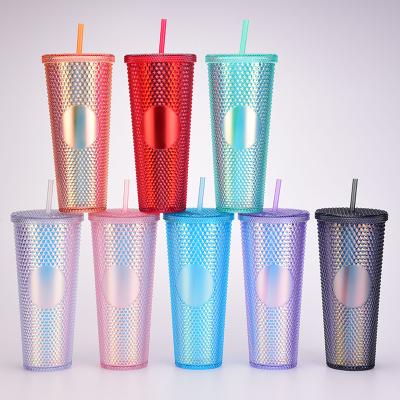 China Hot Selling 24oz Sustainable Wall Mounted Crystal Grid Studded Tumbler Cups Double Plastic Stud Mug With Straw for sale