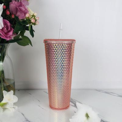 China Viable Wholesale Double Wall Plastic Grid Collection Cup Studded Tumbler With Lid Straw for sale