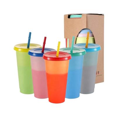 China Sustainable Reusable Plastic Color Free Cold Water Changing Mug Bpa Coffee Cup With Lid And Straw for sale