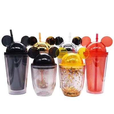 China 450ml Dome Tumbler Double Walled Plastic Cup Mouse Ears Viable Acrylic Tumbler With Straw And Lid for sale