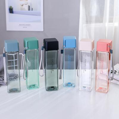 China Customized Sustainable Square Fashion Portable Clear Water Bottle Eco Friendly Cups Sports Fruit Juice Plastic Water Bottles for sale