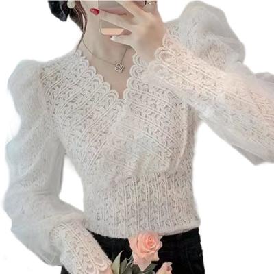 China Anti-Shrink Womanly narrow waist niche shirt 2022 autumn and winter new women's wear high-grade goddess fan lace blouse for sale