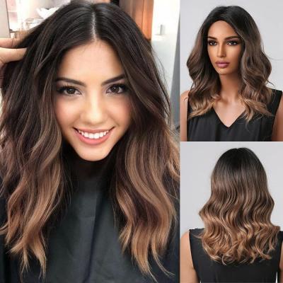 Chine Long curly hairWigs for Women Curly Brown Ombre with Black Roots Middle Part Synthetic Wig à vendre