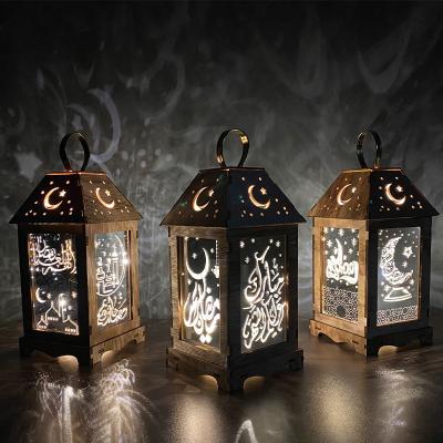 China Hanging Lantern Eid Lanterns Home Decoration Ramadan Wooden Light Led Golden Wooden Eid Mubarak LED for sale