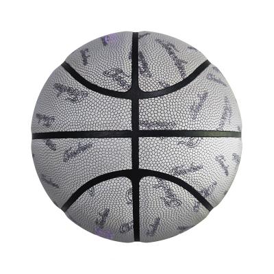 China Factory Wholesale Leather Holographic Glow Basketball In Dark Customized Logo Compound Leather Reflective Basketball for sale