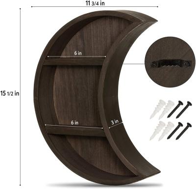 China Modern Custom Rustic Crescent Moon Wall Shelf Wooden for Crystals, Brown Frame-Wall Reversible Floating Moon Wall Hanging Decor for sale