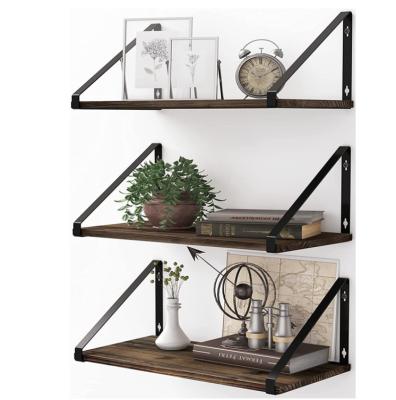 China Minimalist Rustic Wooden Floating Shelves Set Small Shelf For Living Room Office And Bedroom With Metal Bracket for sale