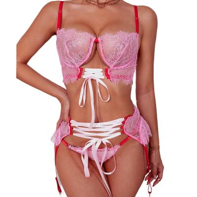 China Unique Hot Selling Sexy Transparent Pink Polyester Design Women Bra Sets Thin Body Lingerie Set for sale