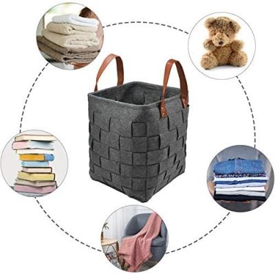 China Reusable Basket Table Cosmetics Household Hand Felt Laundry Storage Box With PU Handle for sale