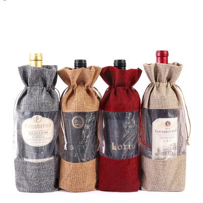 China High Quality Custom Gift Eco-Friendly Eco-Friendly Used Eco-Friendly Reusable Jute Bottle Drawstring Wine Bags With Window for sale