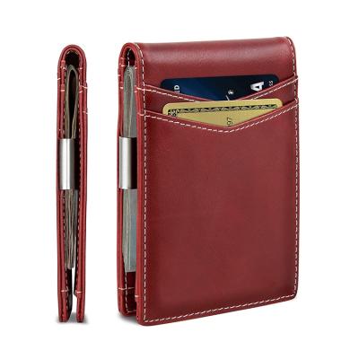 China Luxury Vintage Designer RFID Blocking Men's Wallet Custom Genuine Leather Metal Money Clip Slim Bifold Credit Card Holder for sale