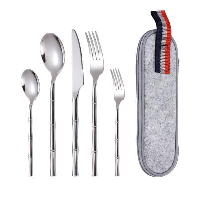 China Travel Disposable Cutlery Set Food Grade 304 Stainless Steel Flatware Set 5 Pieces With Bag For Travel Camping for sale