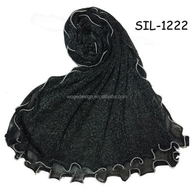 China Newest fashion designer new fashion designer polyester scarf women shawl arabic cheap pearl hijab with shiny silver yarn lurex for sale