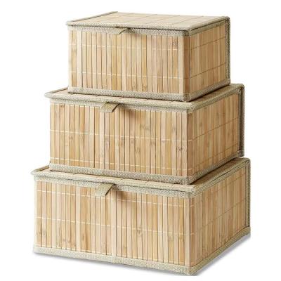 China Minimalist Lidded Decor Bamboo Baskets Storage Box With Fabric Covering For Office for sale