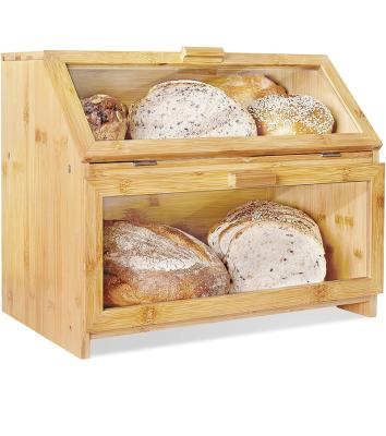 China Wholesale Recyclable Bamboo Bread Box Large Capacity Double Layer Kitchen Storage Bamboo Food Bread Box for sale