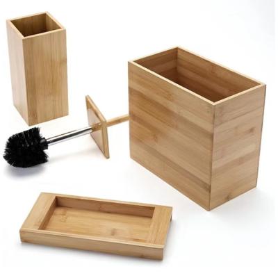 China Modern Toilet Brush 3 Pieces Set Rectangular Home Bamboo Wooden Bathroom Accessories Wastebasket for sale