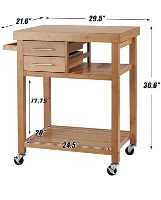 China Sustainable Bamboo Wood Dining Room Trolley Carts Bamboo Wood Rolling Kitchen Island Cart on Wheels with 2 Drawers and Storage for sale