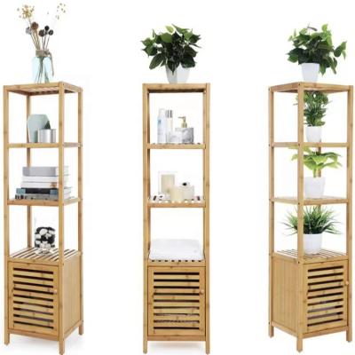 China Wholesale 4 Tier Bathroom Kitchen Storage Rack Natural Bamboo Multifunctional Storage Cabinet Bamboo Rack for sale