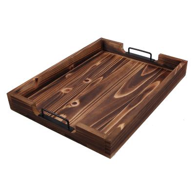 China Morden SOPEWOD Wooden Serving Tray with Black Metal Handle Large Wooden Serving Trays for Breakfast Cafe Dinner for sale