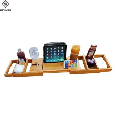 China SOPEWOD Sustainable Bamboo Bathtub Tray Caddy, Expandable Bath Tray for Tub with Book Wine Shelf and Book Holder, Bathroom Reading Organize for sale