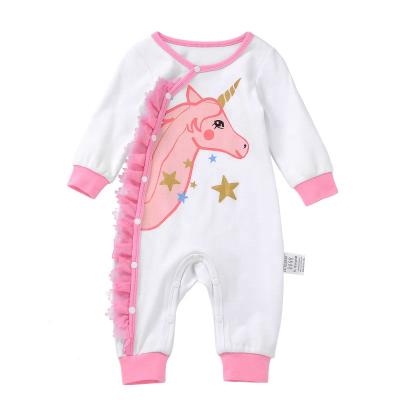 China Long Sleeve Interlock Cotton Lace Ruffled Unicorn Printing Front Buttoned Baby Clothing Popular Romper for sale