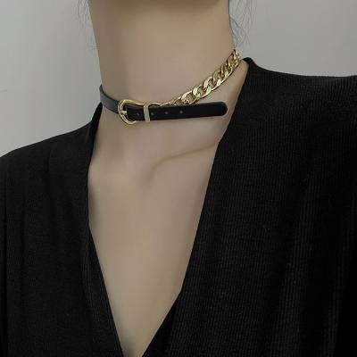 China Sexy Punk Gold Plated Chain Stitch Gothic Leather Choker PU+Alloy Choker Belt Goth Women Cuban Adjustable Size Jewelry for sale