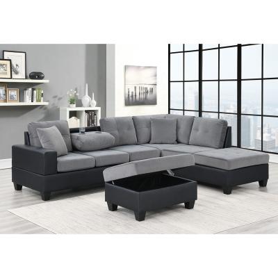 China Wholesale Modern Gray Black Gray PVC Velvet Sofa Fabric L Shaped Sectional Sofa With Reversible Chaise for sale