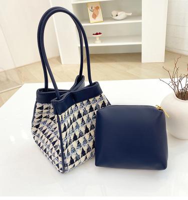 China Fashion Blue Checkerboard Drawstring Bucket Handbags\Comfortable Canvas\Durable Clip Women Handbags for sale