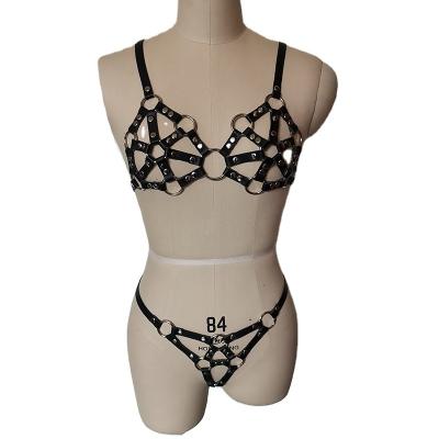 China Pleasure Fashion Leather Harness Women Bra Panties Adult High Chest Straps Body Bondage Chastity Belt for sale