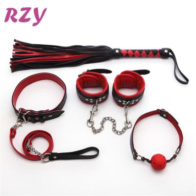 China Leather Gag Whip Bondage Restraints Adult High Pleasure Cosplay 4pcs PVC Neck Collar Wrist Cuff Ball Sets for sale